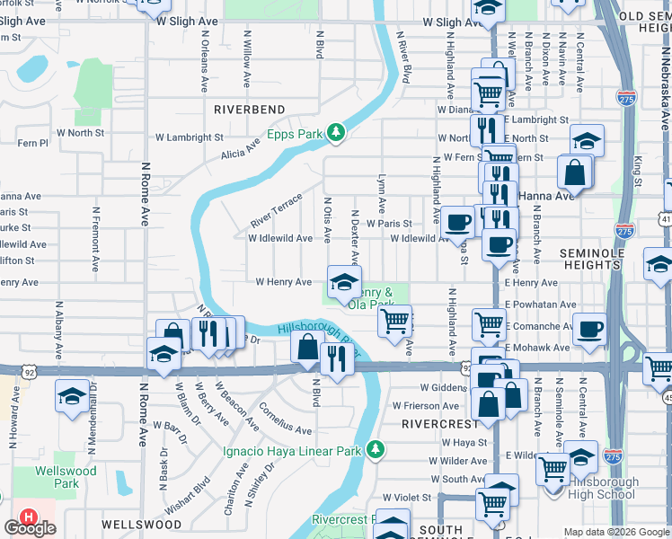 map of restaurants, bars, coffee shops, grocery stores, and more near 5907 North Otis Avenue in Tampa