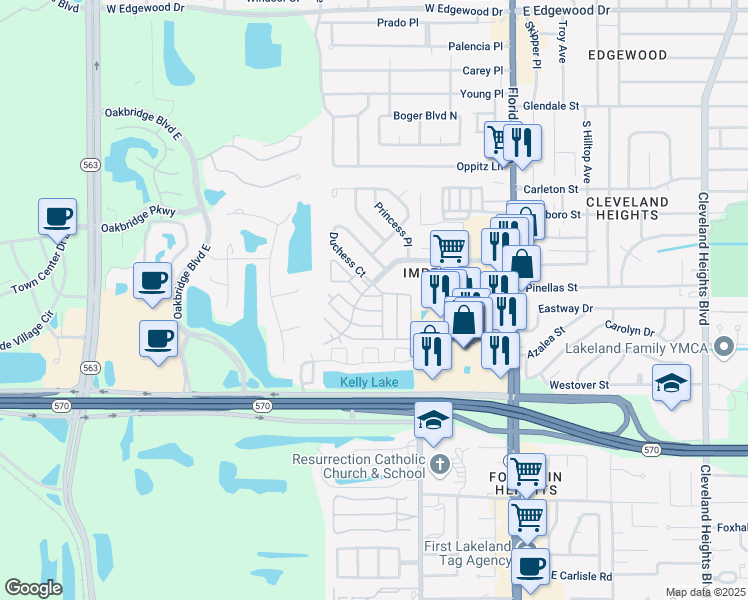 map of restaurants, bars, coffee shops, grocery stores, and more near 610 Avery Lane in Lakeland