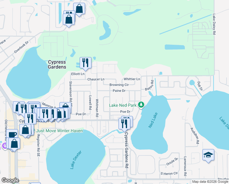 map of restaurants, bars, coffee shops, grocery stores, and more near 208 Paine Drive in Winter Haven