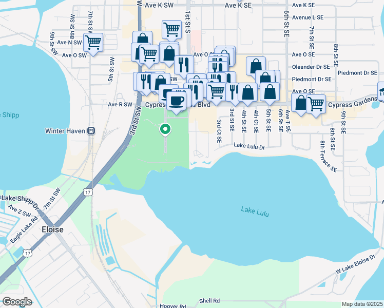 map of restaurants, bars, coffee shops, grocery stores, and more near 2208 San Marcos Drive Southeast in Winter Haven