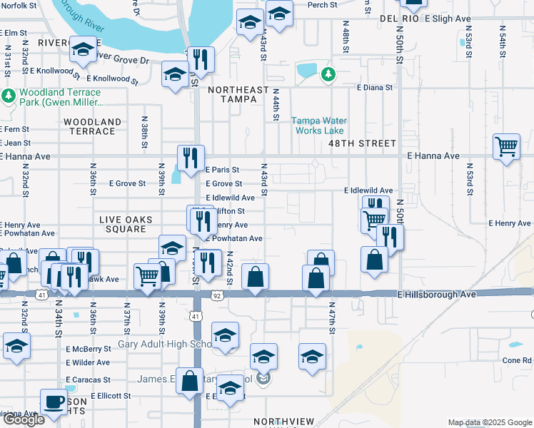 map of restaurants, bars, coffee shops, grocery stores, and more near 5807 North 43rd Street in Tampa