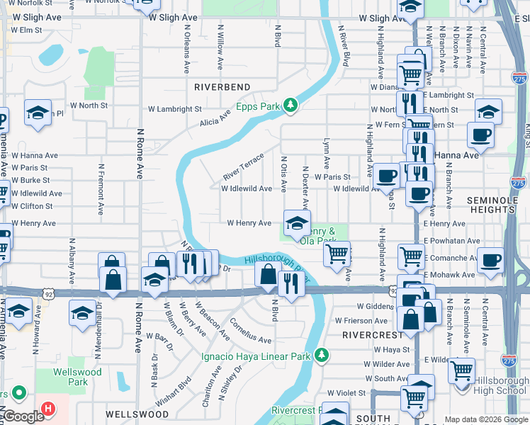 map of restaurants, bars, coffee shops, grocery stores, and more near 5907 North Eustace Avenue in Tampa