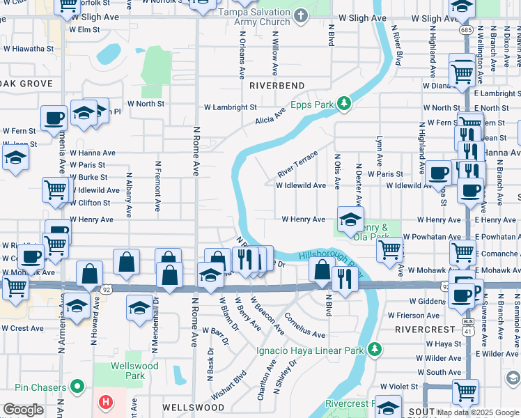 map of restaurants, bars, coffee shops, grocery stores, and more near 5910 Kenneth Avenue in Tampa