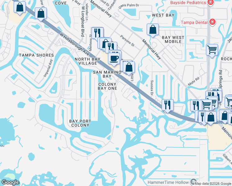 map of restaurants, bars, coffee shops, grocery stores, and more near 6033 Bayside Key Drive in Tampa