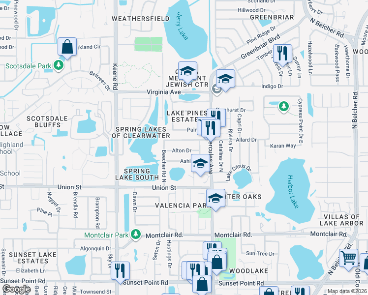 map of restaurants, bars, coffee shops, grocery stores, and more near 1979 Allard Drive in Clearwater