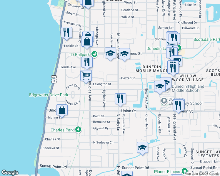map of restaurants, bars, coffee shops, grocery stores, and more near 525 Lexington Street in Dunedin