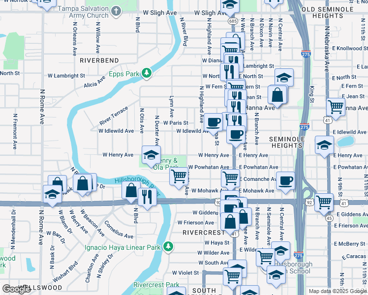 map of restaurants, bars, coffee shops, grocery stores, and more near 5908 North Ola Avenue in Tampa