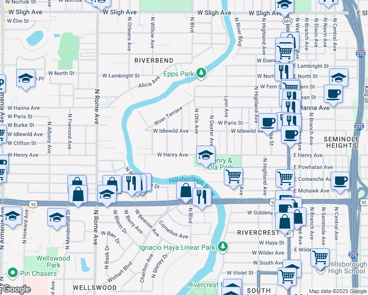 map of restaurants, bars, coffee shops, grocery stores, and more near 5907 North Eustace Avenue in Tampa