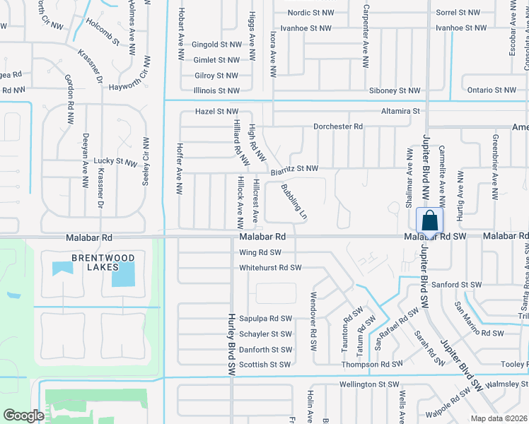 map of restaurants, bars, coffee shops, grocery stores, and more near 134 Hillcrest Avenue in Palm Bay