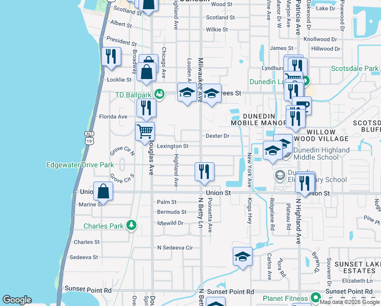 map of restaurants, bars, coffee shops, grocery stores, and more near 525 Lexington Street in Dunedin