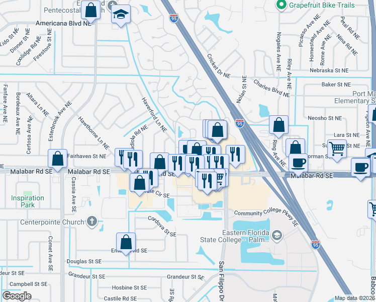 map of restaurants, bars, coffee shops, grocery stores, and more near 221 Cheswick Circle Northeast in Palm Bay
