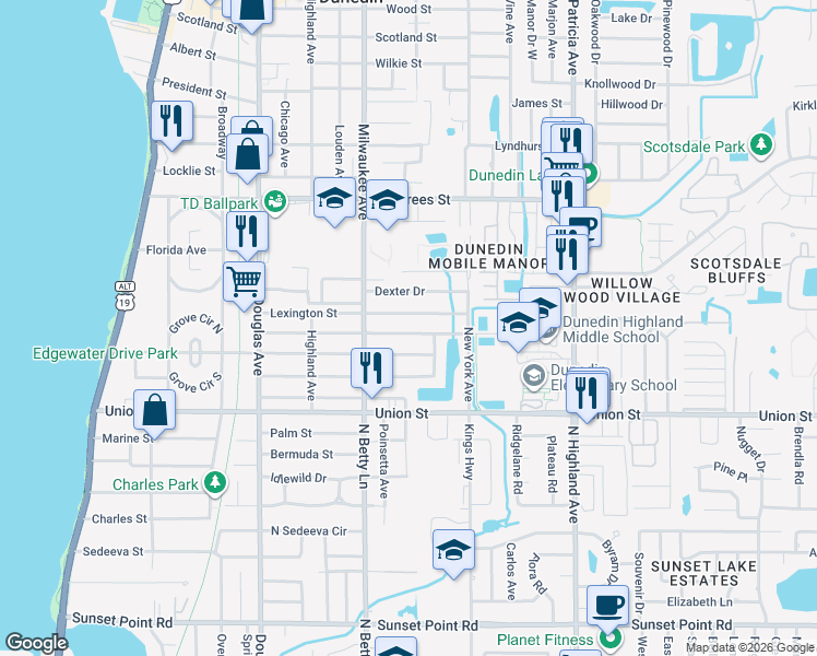 map of restaurants, bars, coffee shops, grocery stores, and more near 629 Lexington Street in Dunedin