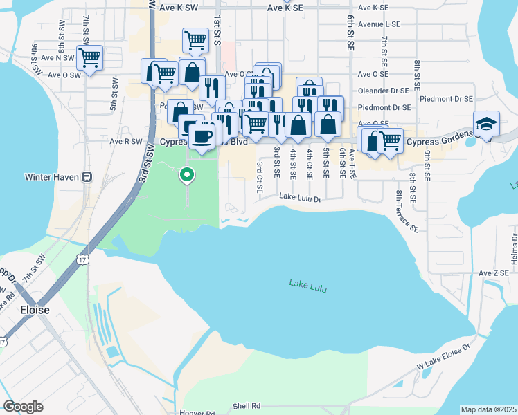 map of restaurants, bars, coffee shops, grocery stores, and more near 260 Lake Lulu Drive in Winter Haven