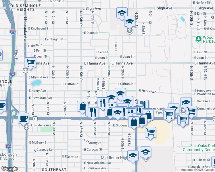 map of restaurants, bars, coffee shops, grocery stores, and more near 5807 North 19th Street in Tampa