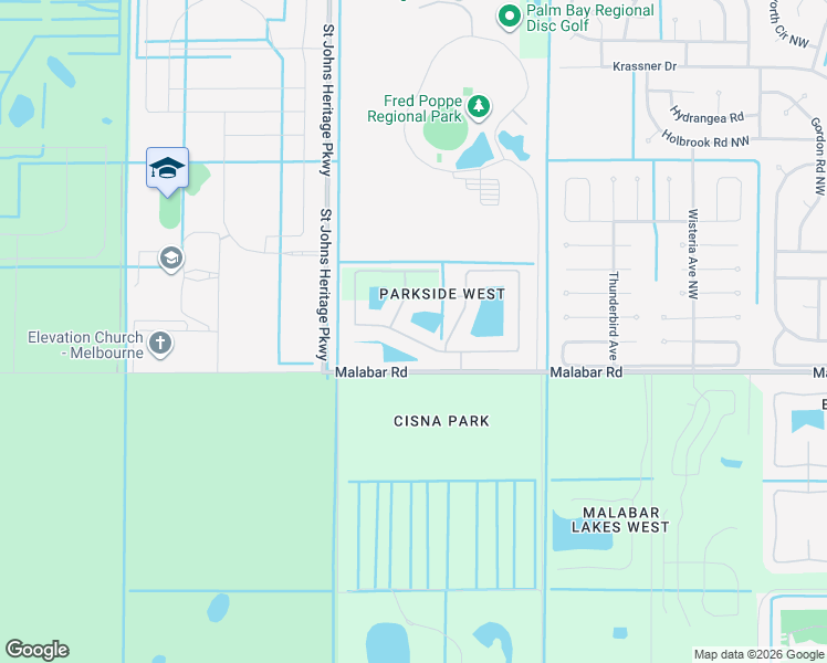 map of restaurants, bars, coffee shops, grocery stores, and more near 2377 Snapdragon Drive in Palm Bay