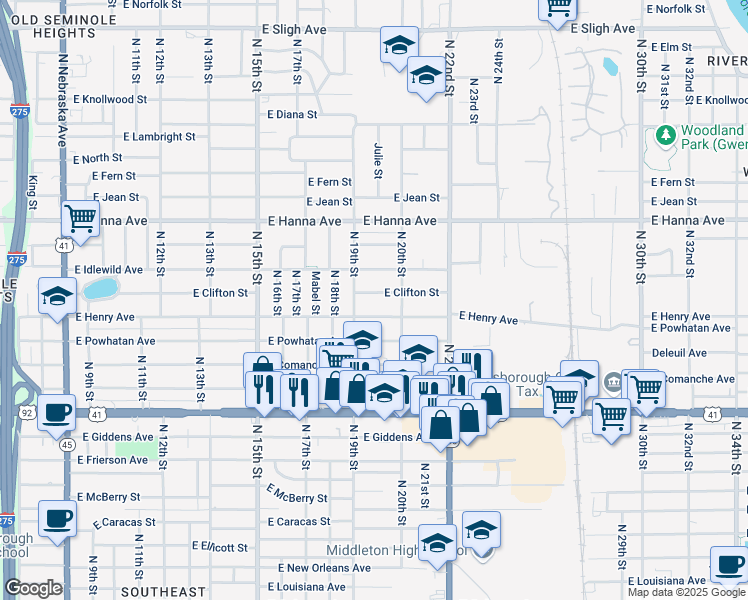 map of restaurants, bars, coffee shops, grocery stores, and more near 5807 North 19th Street in Tampa