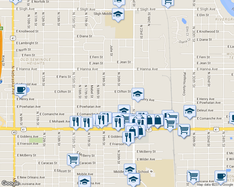 map of restaurants, bars, coffee shops, grocery stores, and more near 1921 East Clifton Street in Tampa