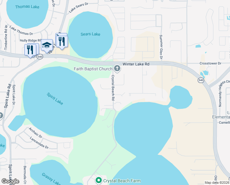 map of restaurants, bars, coffee shops, grocery stores, and more near 2195 Belaire Drive in Winter Haven