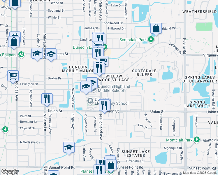 map of restaurants, bars, coffee shops, grocery stores, and more near 97 Oakwood Drive in Dunedin