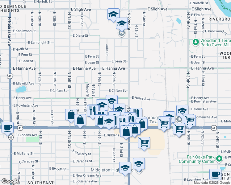 map of restaurants, bars, coffee shops, grocery stores, and more near 1921 East Clifton Street in Tampa