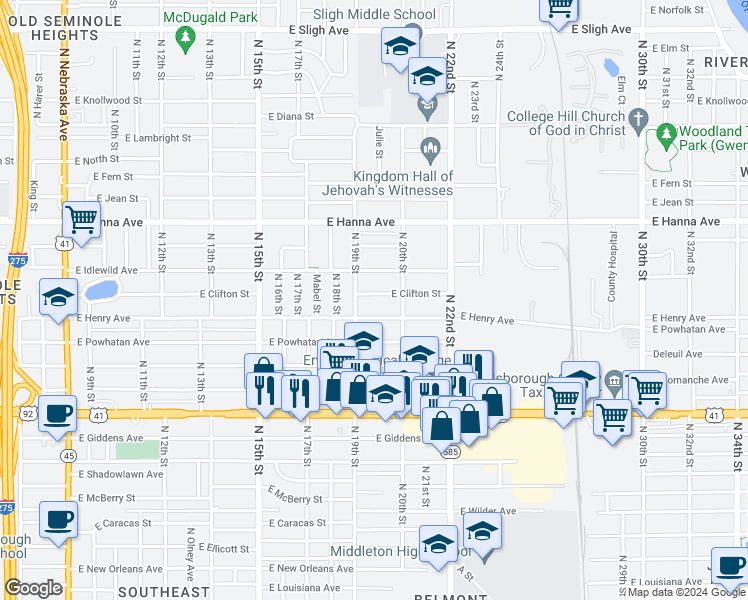 map of restaurants, bars, coffee shops, grocery stores, and more near 5807 North 19th Street in Tampa