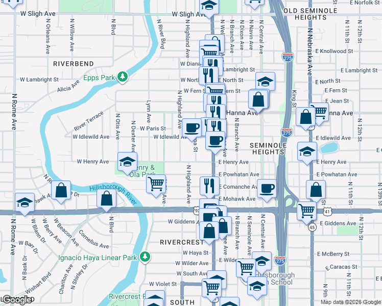 map of restaurants, bars, coffee shops, grocery stores, and more near 5906 North Tampa Street in Tampa