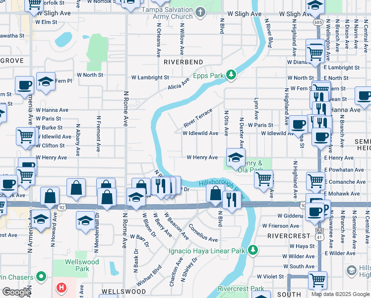 map of restaurants, bars, coffee shops, grocery stores, and more near 5910 Kenneth Avenue in Tampa