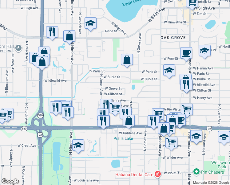 map of restaurants, bars, coffee shops, grocery stores, and more near 3225 West Clifton Street in Tampa