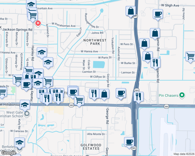 map of restaurants, bars, coffee shops, grocery stores, and more near 6508 West Clifton Street in Tampa