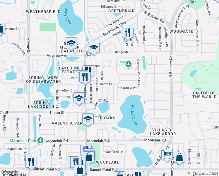 map of restaurants, bars, coffee shops, grocery stores, and more near 2040 Allard Drive in Clearwater