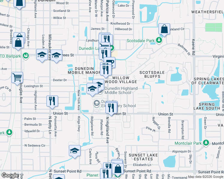 map of restaurants, bars, coffee shops, grocery stores, and more near 97 Oakwood Drive in Dunedin