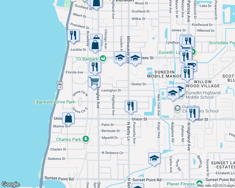 map of restaurants, bars, coffee shops, grocery stores, and more near 525 Lexington Street in Dunedin