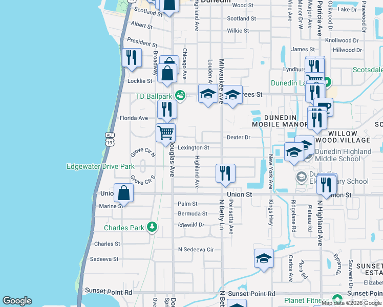 map of restaurants, bars, coffee shops, grocery stores, and more near 442 Roanoke Street in Dunedin