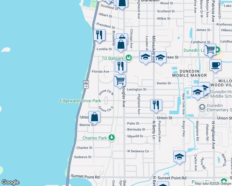 map of restaurants, bars, coffee shops, grocery stores, and more near 258 Grove Circle North in Dunedin