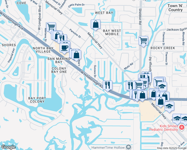 map of restaurants, bars, coffee shops, grocery stores, and more near 5810 Sussex Drive in Tampa
