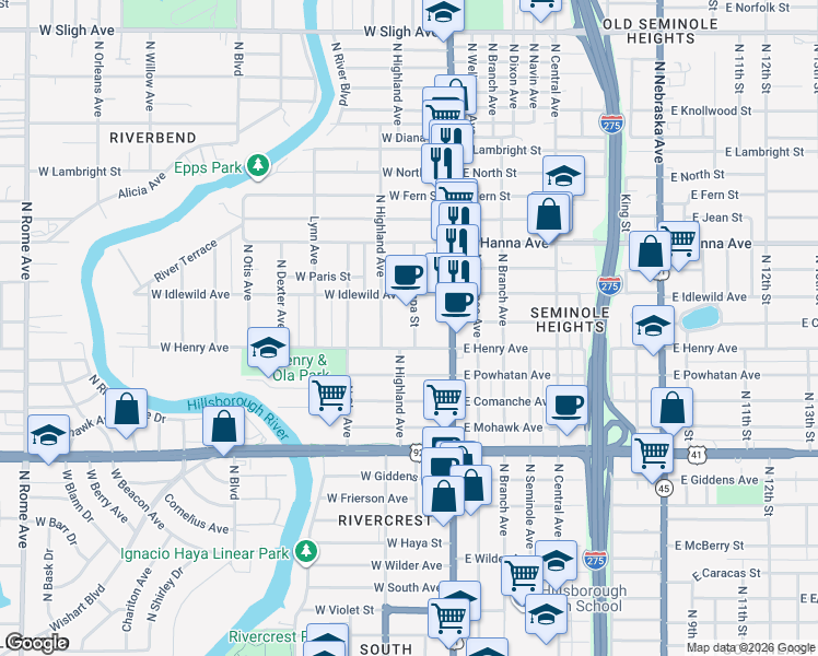 map of restaurants, bars, coffee shops, grocery stores, and more near 5906 North Tampa Street in Tampa