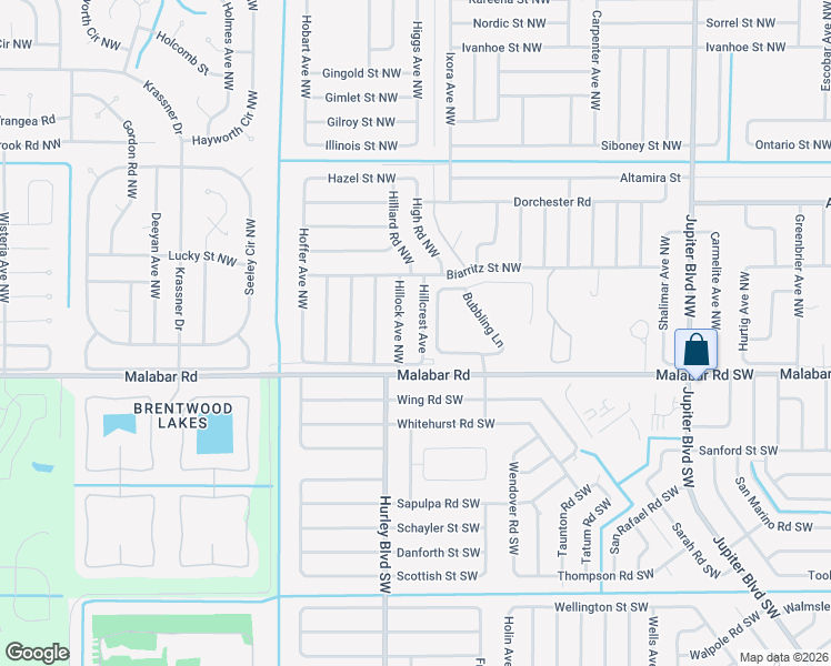 map of restaurants, bars, coffee shops, grocery stores, and more near 134 Hillcrest Avenue in Palm Bay