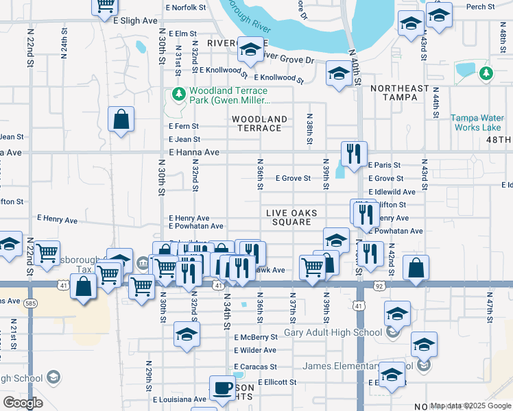 map of restaurants, bars, coffee shops, grocery stores, and more near 5810 North 36th Street in Tampa