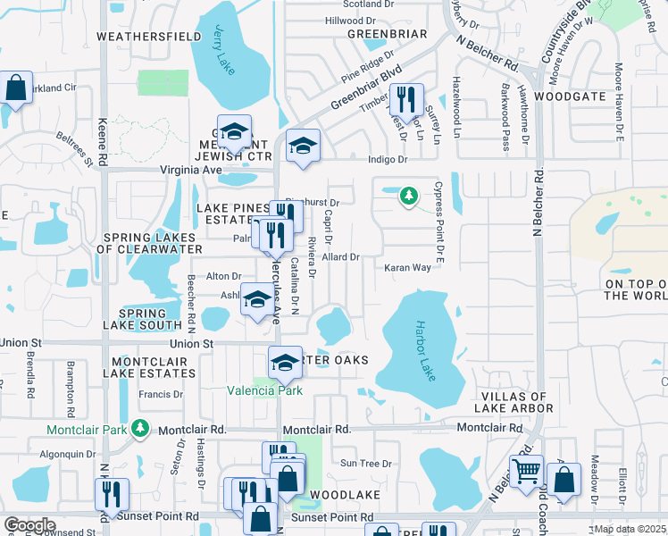 map of restaurants, bars, coffee shops, grocery stores, and more near 2165 Capri Drive in Clearwater