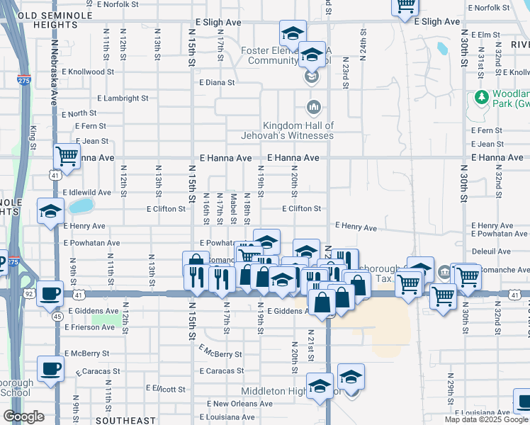 map of restaurants, bars, coffee shops, grocery stores, and more near 5807 North 19th Street in Tampa