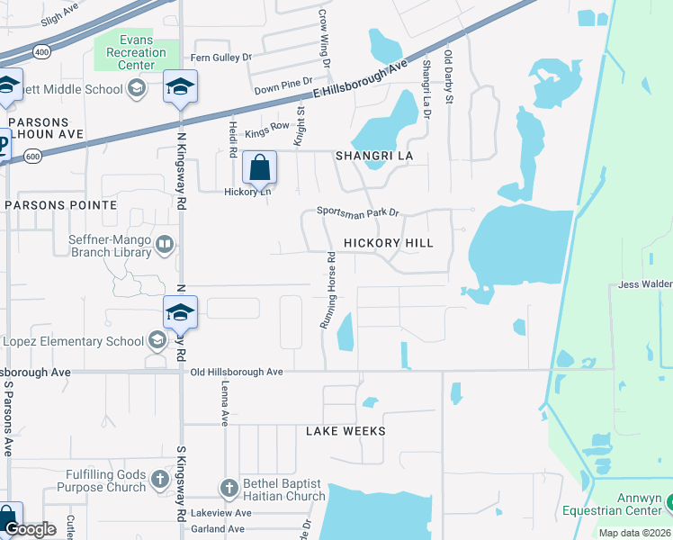map of restaurants, bars, coffee shops, grocery stores, and more near 401 Running Horse Road in Seffner