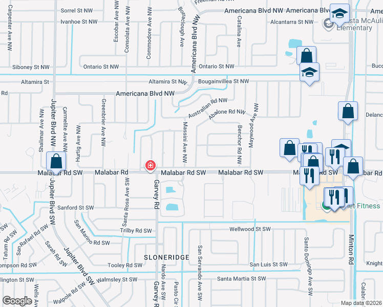map of restaurants, bars, coffee shops, grocery stores, and more near 112 Abalone Road Northwest in Palm Bay