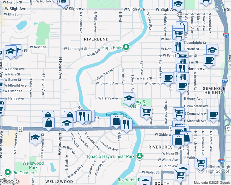 map of restaurants, bars, coffee shops, grocery stores, and more near 5907 North Eustace Avenue in Tampa