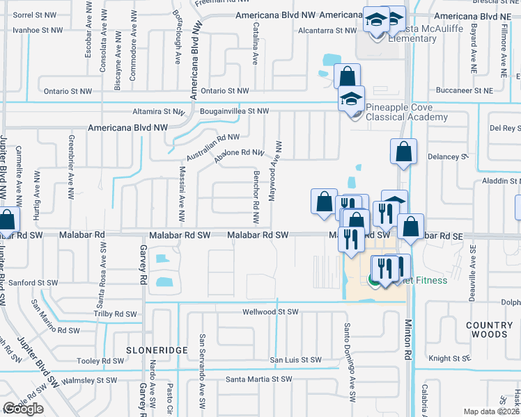 map of restaurants, bars, coffee shops, grocery stores, and more near 160 Maywood Avenue Northwest in Palm Bay