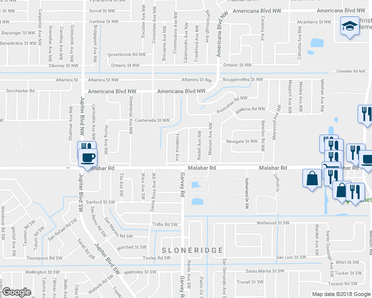 map of restaurants, bars, coffee shops, grocery stores, and more near 140 Andalusia Avenue Northwest in Palm Bay