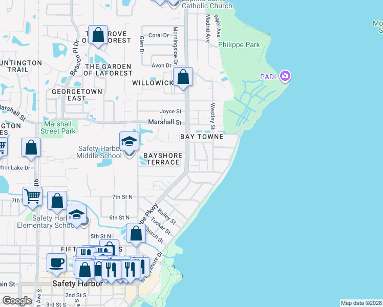 map of restaurants, bars, coffee shops, grocery stores, and more near 1141 Dover Court in Safety Harbor