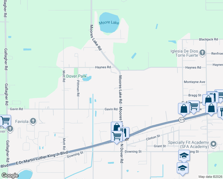 map of restaurants, bars, coffee shops, grocery stores, and more near 3520 Moores Lake Road in Dover