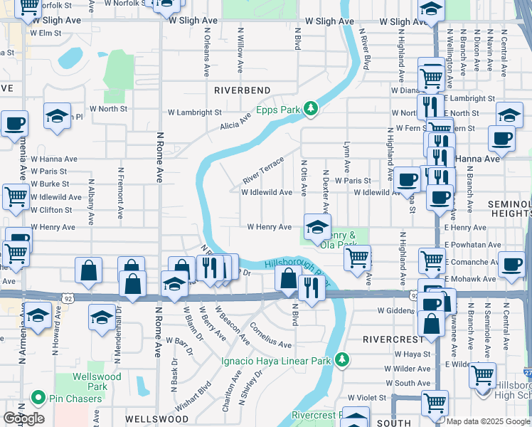 map of restaurants, bars, coffee shops, grocery stores, and more near 5909 North Ithmar Avenue in Tampa