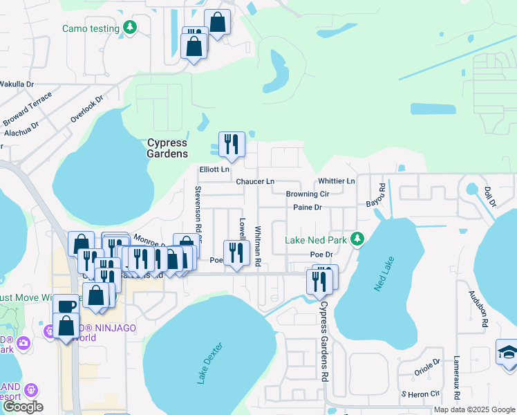 map of restaurants, bars, coffee shops, grocery stores, and more near 100 Paine Drive in Cypress Gardens