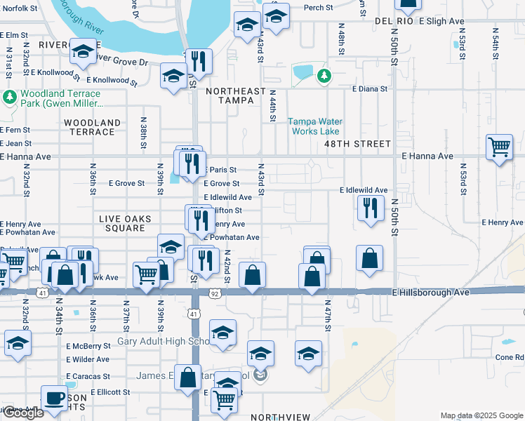 map of restaurants, bars, coffee shops, grocery stores, and more near 5807 North 43rd Street in Tampa